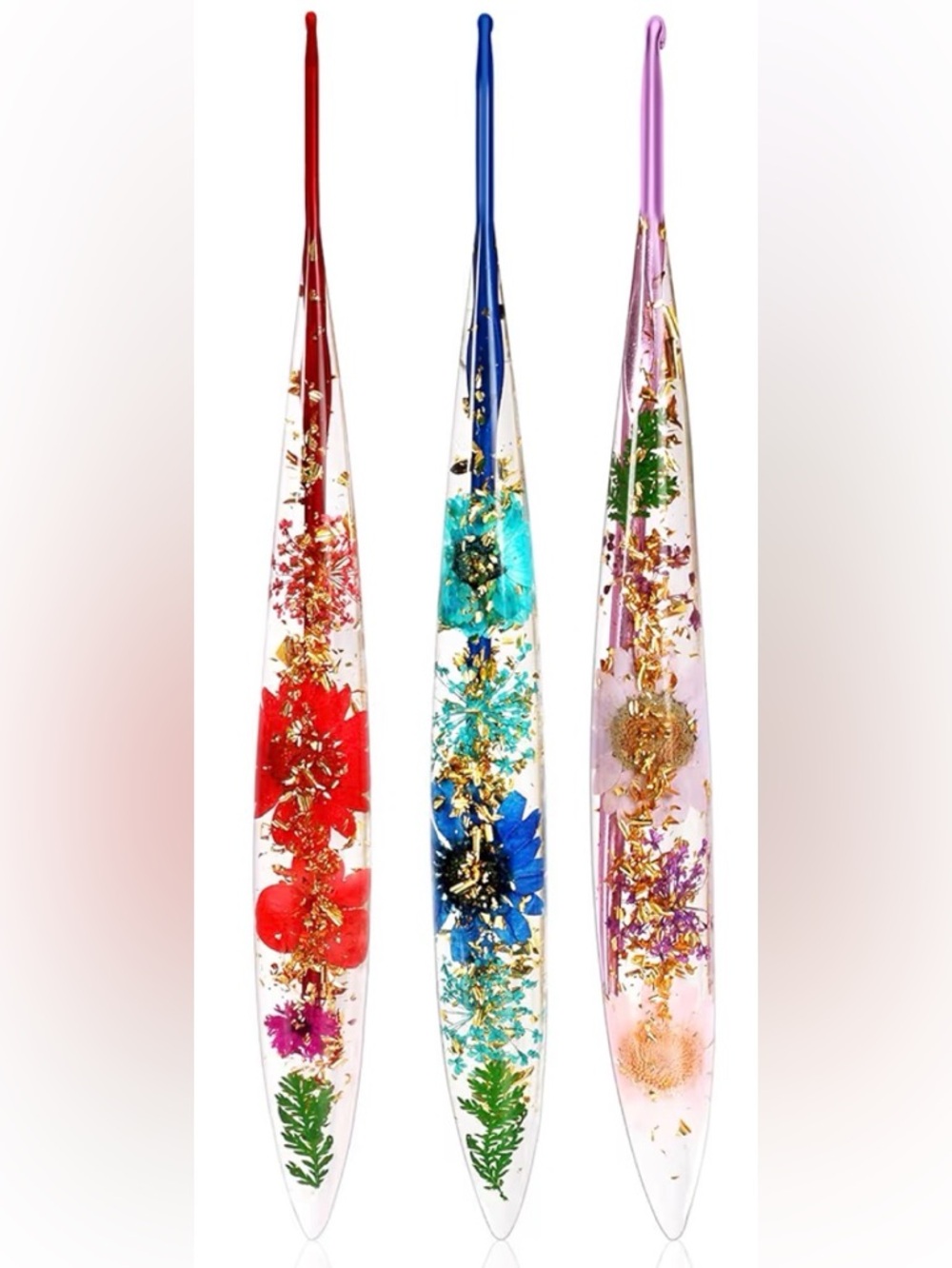 Handcrafted Floral Resin Crochet Hooks – Red, Blue, Purple